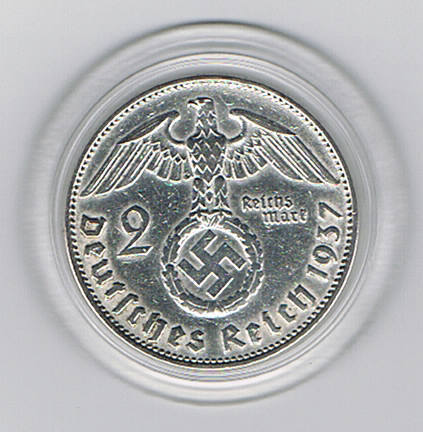 Pièce 2 Reichsmark argent Allemand 1937J Hindenburg Maréchal