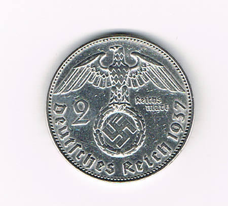 Pièce 2 Reichsmark argent Allemand 1937J Hindenburg