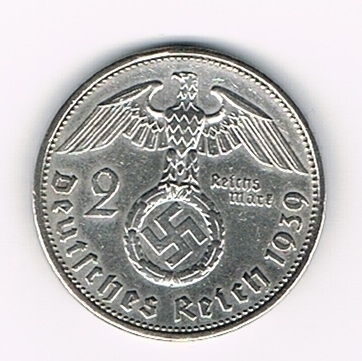 Pièce de 2 Reichsmark argent empire Allemand émise en 1939 A