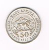 Pièce de monnaie en argent Afrique de l'est, 50 centimes George V, émis en 1922, état superbe. Descriptif. Buste de profil gauche du Roi George V, animaux Lion marchant à droite.