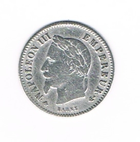 Monnaie Française 20 centimes argent. Napoléon III tête laurée, grand module émis en 1867 A. Descriptif. Tête laurée de Napoléon III à gauche.