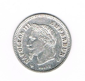 Pièce de monnaie Française 20 centimes argent. Napoléon III tête laurée, grand module émis en 1867 BB.  Descriptif. Tête laurée de Napoléon III à gauche.
