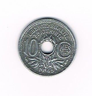 Pièce de monnaie Française de 10 centimes en zinc. Lindauer, petit module, émis en 1945 B, état superbe. Descriptif. Monnaie de 10 centimes 1945 B. très rare dans cette de conservation.