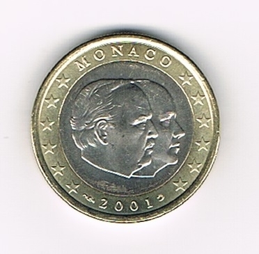 Pièce 1€ courante Monaco 2001 portrait Rainier III et Prince Albert II