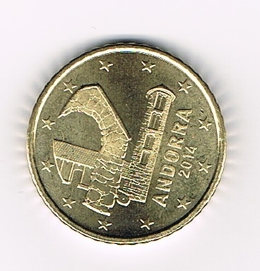 Pièce de monnaie 50 centimes courante Andorre, millésime 2014. Descriptif. Cette pièce de monnaie 50 centimes officielle représente les armoiries de l'Andorre. Pièce neuve.