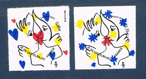 Timbres autocollants Coeur Jean - Charles de Castelbajac,  la paire de timbres 2 valeurs 0,68€  et 1,15€. Timbres Coeur JC de Castelbajac. Créateur de mode,  timbres de France autocollants Pros.