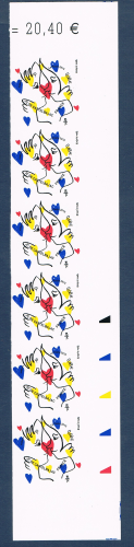 Timbres autocollants Coeur Jean - Charles de Castelbajac, bande de 6 timbres provenant de feuilles entreprises en tirage autoadhésif pour Pros, valeur 0,68€ lettre vert émise par la poste 2015