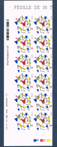 Timbres autocollants Coeur Jean - Charles de Castelbajac, bande de 12 timbres provenant de feuilles entreprises en tirage autoadhésif pour Pros, valeur 0,68€ lettre vert émise par la poste 2015