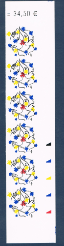 Timbres autocollants Coeur Jean - Charles de Castelbajac, bande de 6 timbres provenant de feuilles entreprises en tirage autoadhésif pour Pros, valeur 1,15€  lettre vert 50 g,  émise par la poste 2015