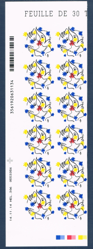 Timbres autocollants Coeur Jean - Charles de Castelbajac, bande de 12 timbres provenant de feuilles entreprises en tirage autoadhésif pour Pros, valeur 1,15€ lettre vert 50 g, émise par la poste 2015