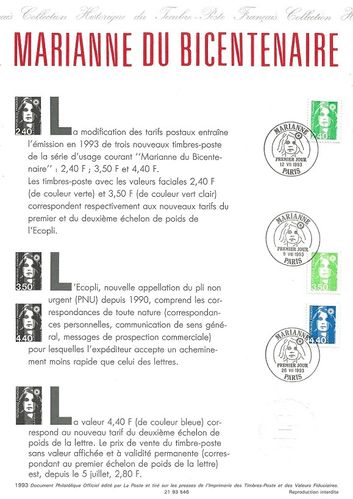 Document comprenant 3 timbres MARIANNE DU BICENTENAIRE