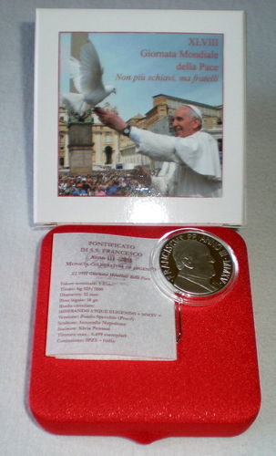 Pièce commémorative 5€ argent Vatican 2015. journée la paix