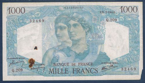 Billet Français 1000 Fr Minerve et Hercule
