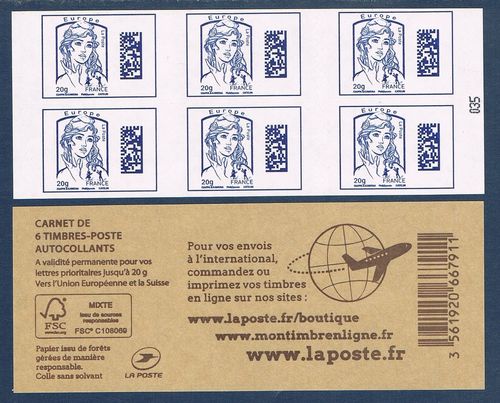 Carnet six timbres bleus adhésifs Marianne Datamatrix Europe
