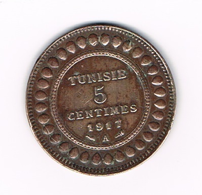 Pièce de 5 centimes 1917 A de Tunisie.