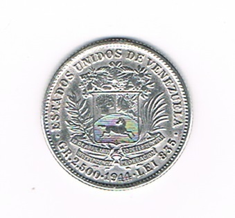 Pièce argent Venezuela un Bolivar 1944