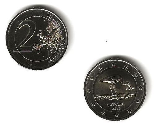 Pièce 2 Euro commémorative de Lettonie 2015 la Cigogne noire
