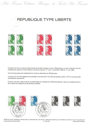 Document 1984 Émission trois timbres République type Liberté