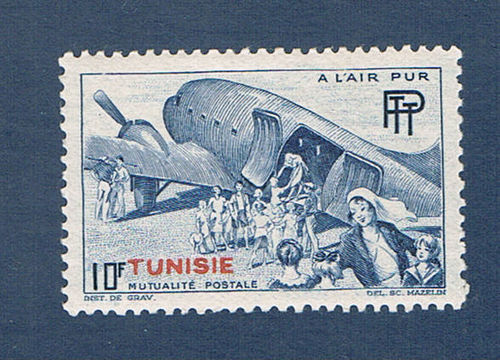 Timbre Bienfaisance des PTT surcharge Tunisie 10f bleu