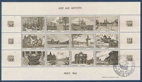 Mini feuille de 12 timbres vignettes aide aux artistes Paris