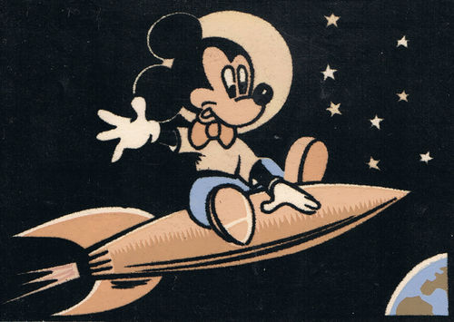 Carte postale Mickey vers la Lune fond velours noir 1959