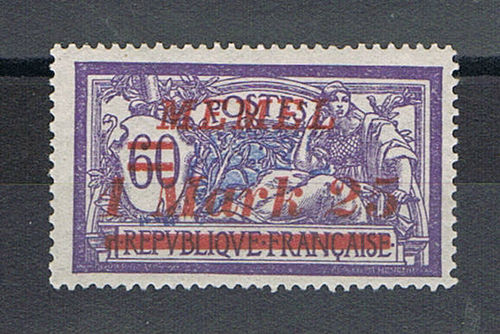 Timbre Memel N°58 surchargé 1M. 25 s.60c violet et bleu