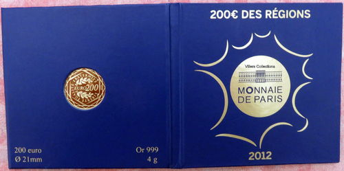 Pièce de collection de 200 Euro OR 999% régions de France 2012