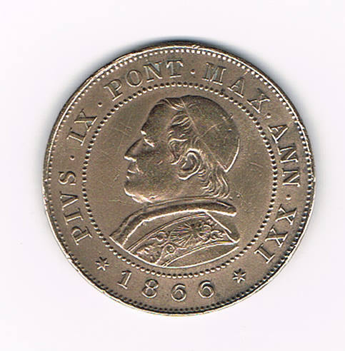 Pièce 1866 cuivre 2 Soldi R Portrait du Pape Pie IX  avec la légende en latin