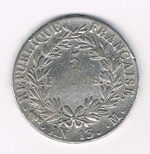 Pièce très rare Napoléon Empereur 5 Francs argent An 13 -M Profil droit