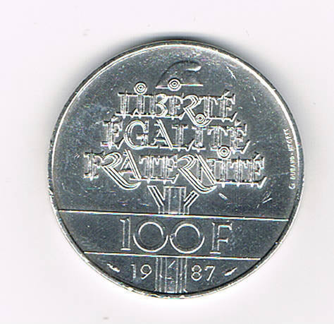 Pièce Française commémorative 100 Francs argent 1987 type Egalité -La Fayette