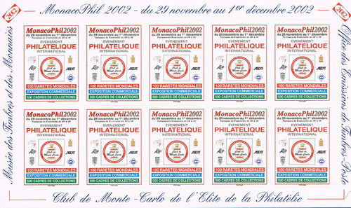 Bloc 10 vignettes MonacoPhil 2002 Evénement Philatélique International