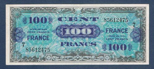 Billet 100 Francs Drapeau français 1944 bleu sur fond vert