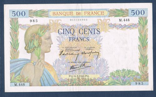 Billet banque de France 500 Francs type La Paix date 1940