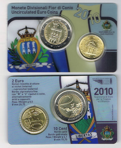 Saint Marin 2010 Coincard comprenant 10ct + 2€ très recherché