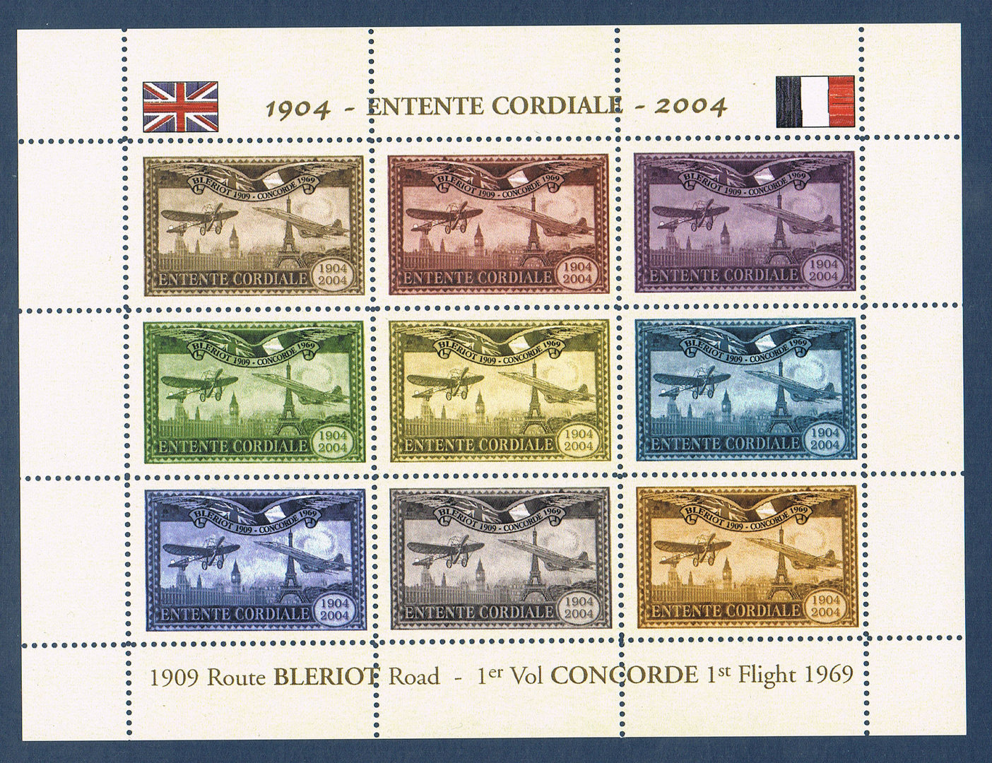 EC04-1V2 9 VIGNETTES AÉRIENNES Entente Cordiale France UK 1904-2004 CONCORDE 