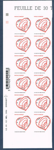 Feuillet adhésif 12 timbres support blanc Saint-Valentin