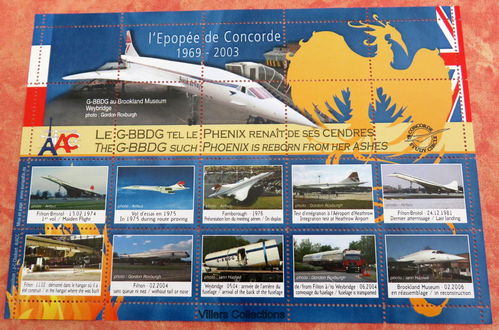 Feuillet dentelé composé de 10 vignettes L'épopée de Concorde 1969
