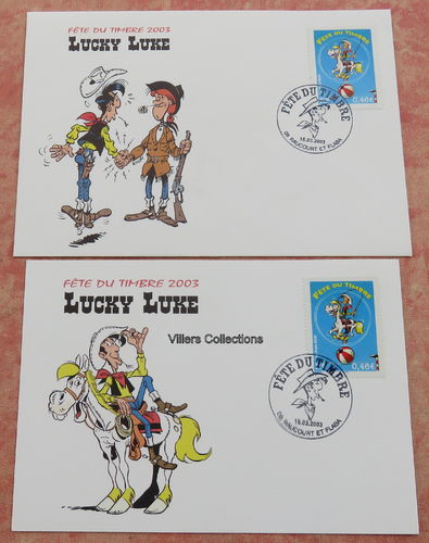 Carte postale + enveloppe 1er jour 2003 Fête du timbre Lucky Luke