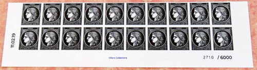 Cérès non dentelé bas de feuille de 20 timbres avec coin daté