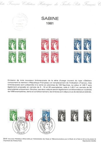 Document rare Thème Sabine série trois timbres Sabine 1981