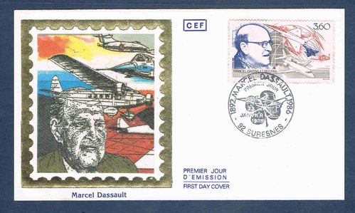 Enveloppe avions portrait Marcel Dassault 1992 Suresnes