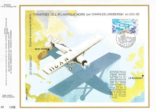 Feuillet CEF Monaco Traversée de l'Atlantique par Lindbergh