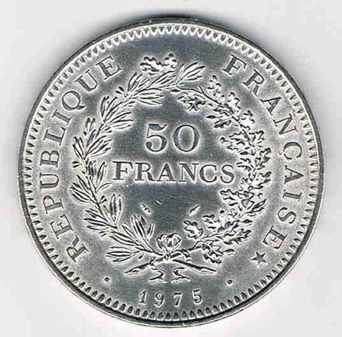 Pièce 50 Francs argent 1975 Hercule debout de face Promotion
