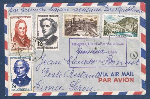 Enveloppe aérienne directe Paris Lima Perou par Avion 1958