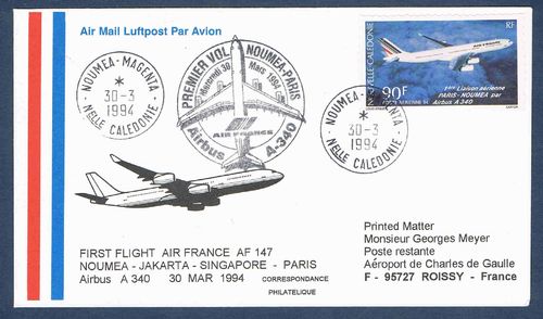 Lettre correspondance premier vol Noumea Paris Airbus A 340