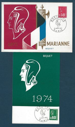 Série deux cartes postales Marianne de Béquet 1974