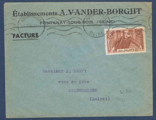 Lettre 1936 affranchie d'un timbre Jean Jaurès Fontenay 21-IX-36