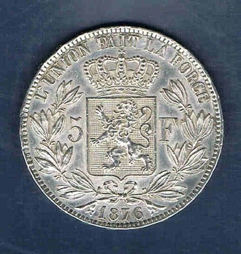 Pièce 5 Francs argent 1876 Léopold II Roi des Belges