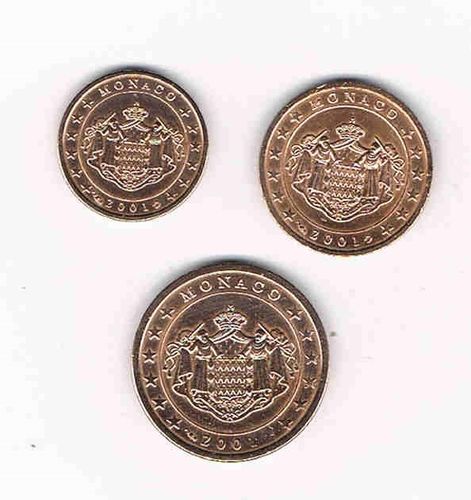 Pièces rares Monaco 2001 série trois pièces type 1c + 2cts et 5 cents