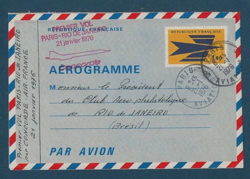 Aérogramme par Avion Vol Paris Rio de Janeiro par Concorde 1976